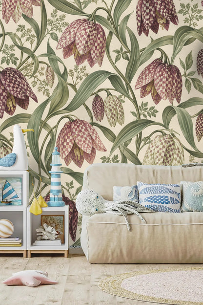Living room vignette highlighting floral wallpaper with natural wood furniture and woven textures