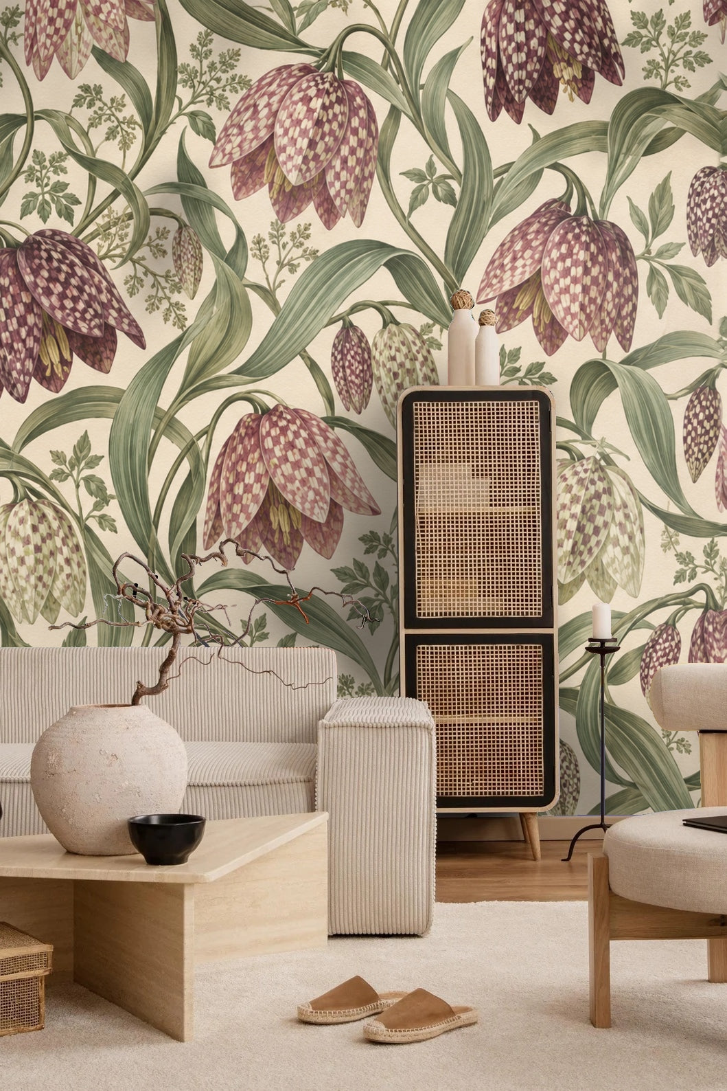 Wallpaper with mauve and green fritillary flowers on cream background, detailed botanical pattern