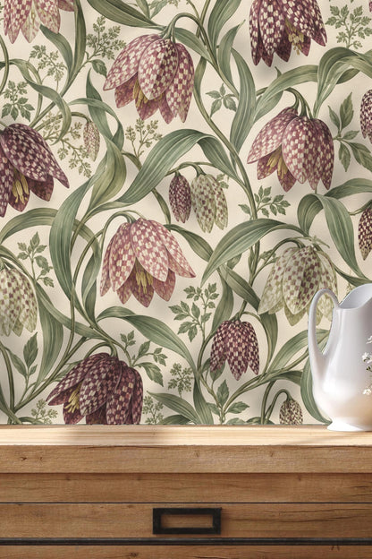 Overall view of wallpaper pattern showing repeated fritillary flower clusters