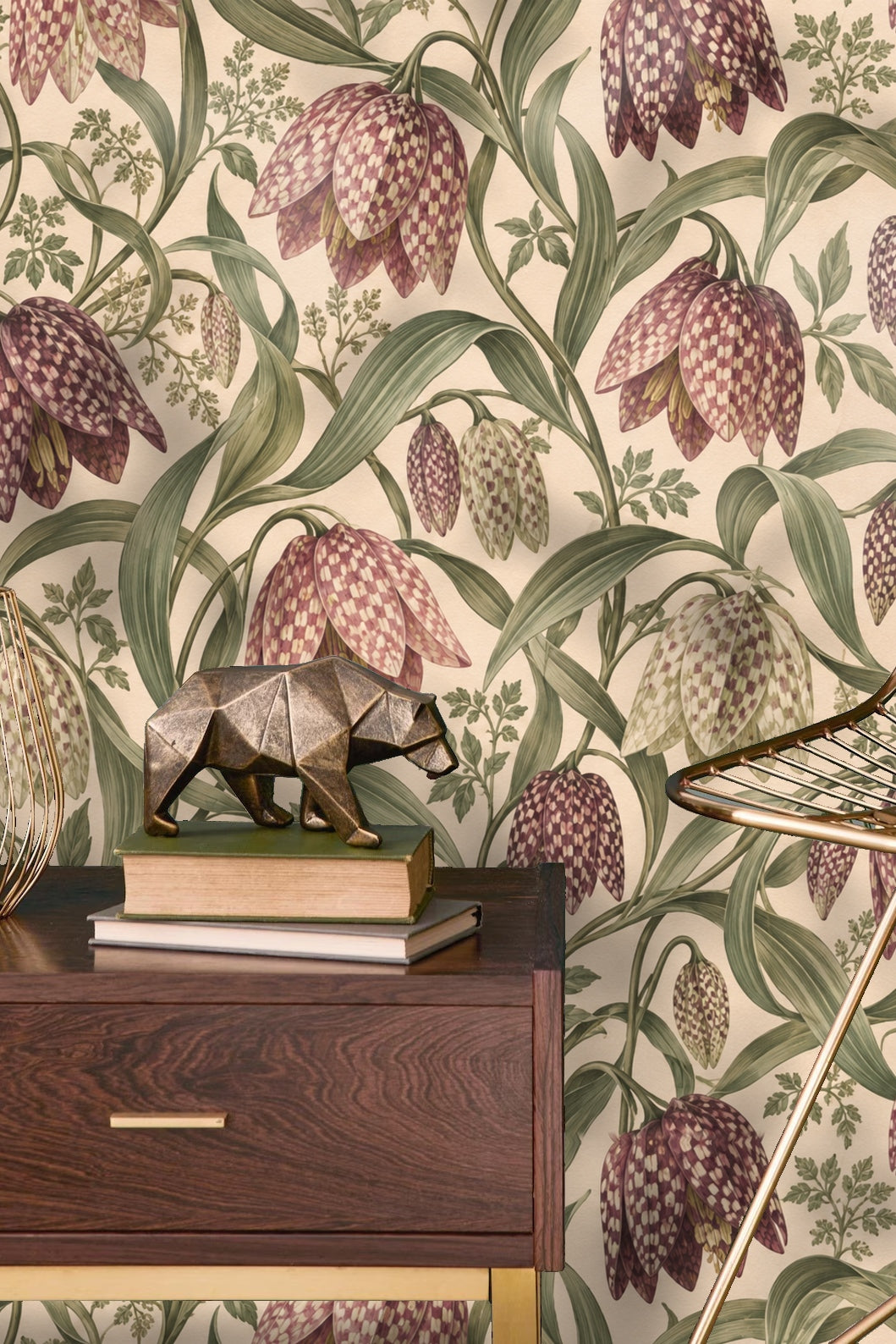 Green leaves and stems curling elegantly around fritillary blooms on wallpaper