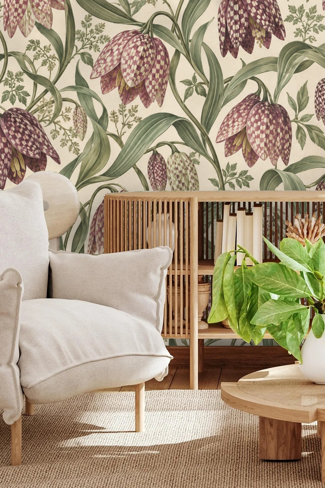 Detailed botanical illustration style wallpaper with subtle shading and floral texture
