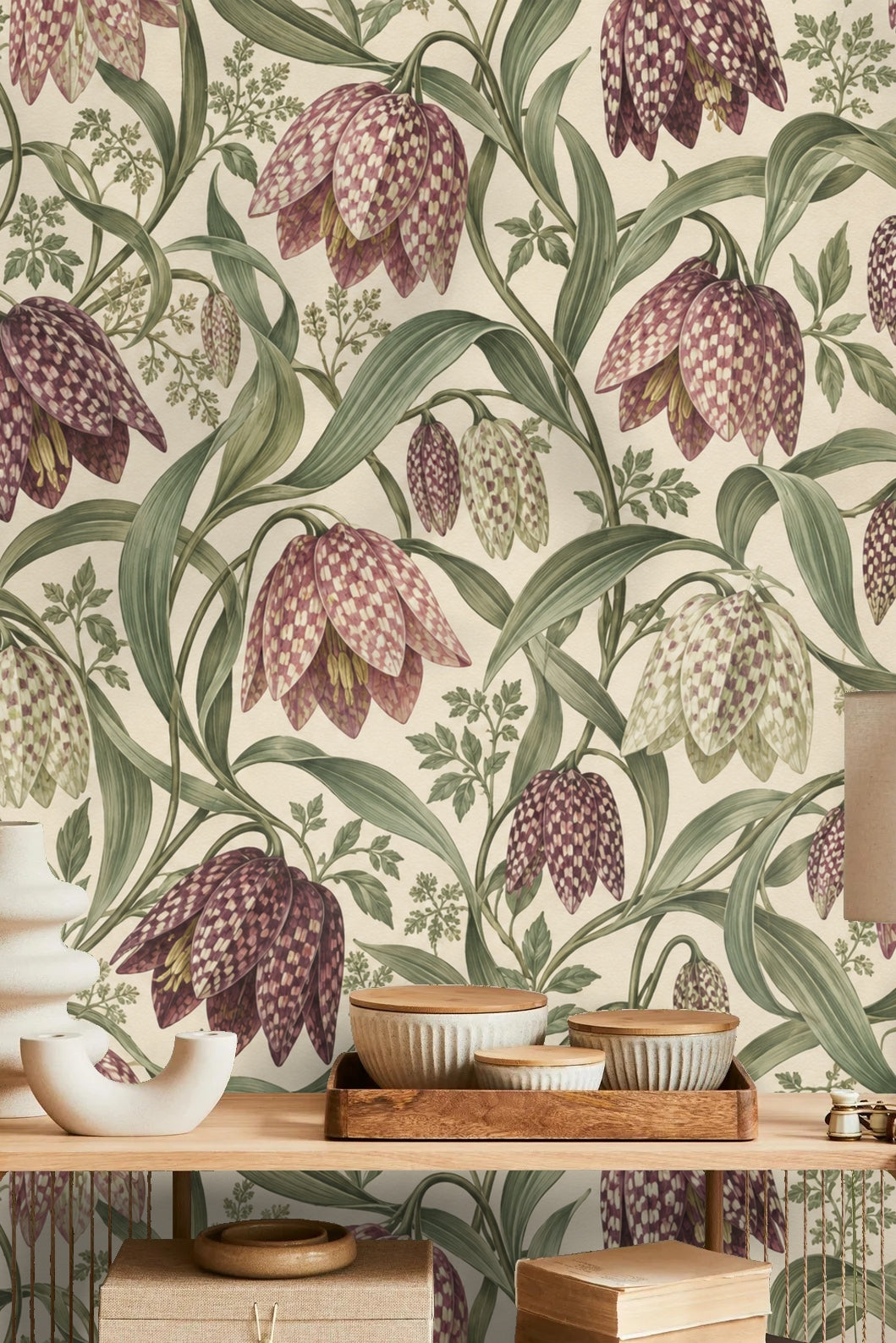 Close-up of fritillary flower petals showing checkerboard pattern in mauve and cream tones