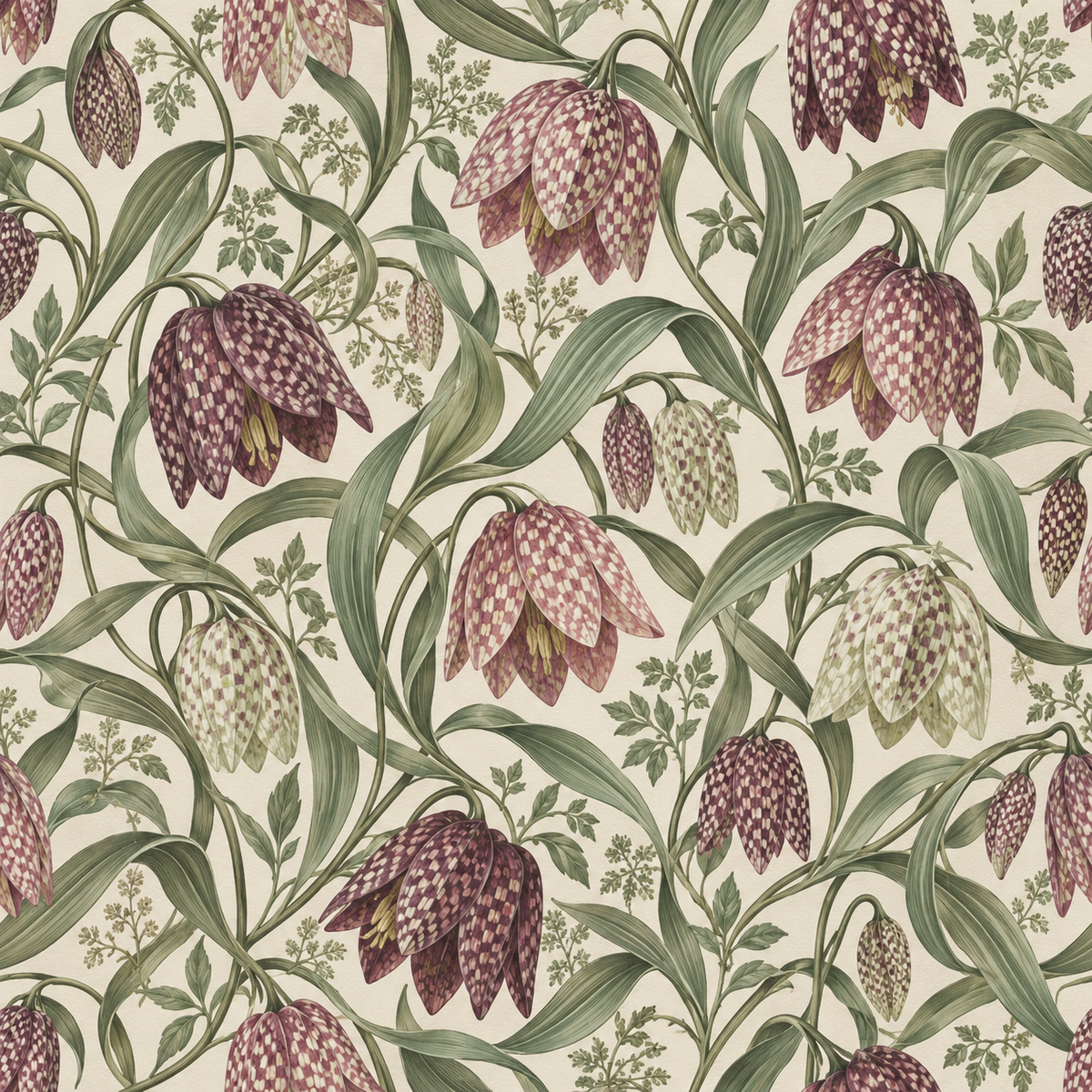 Pattern repeat section showing naturalistic botanical elements and soft color palette