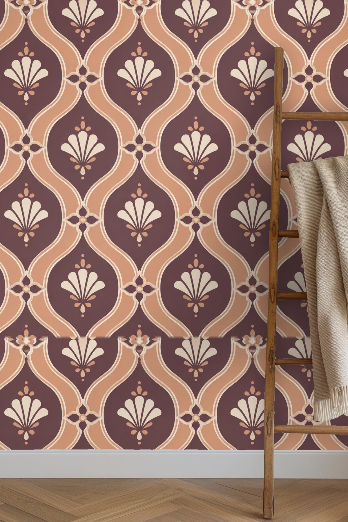 Cream lamp and wooden side table with wallpaper backdrop
