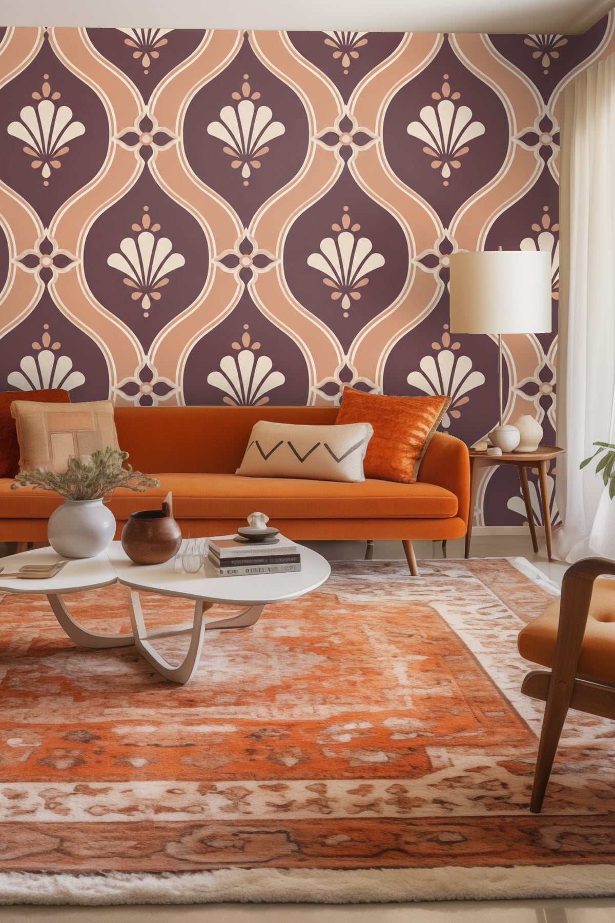 Close-up of apricot lattice wallpaper with floral medallions