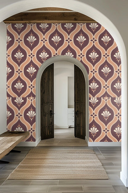 Detail of fan-shaped floral motif in apricot lattice wallpaper