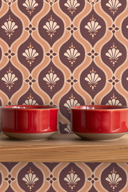 Section of wallpaper highlighting plum background and apricot arches