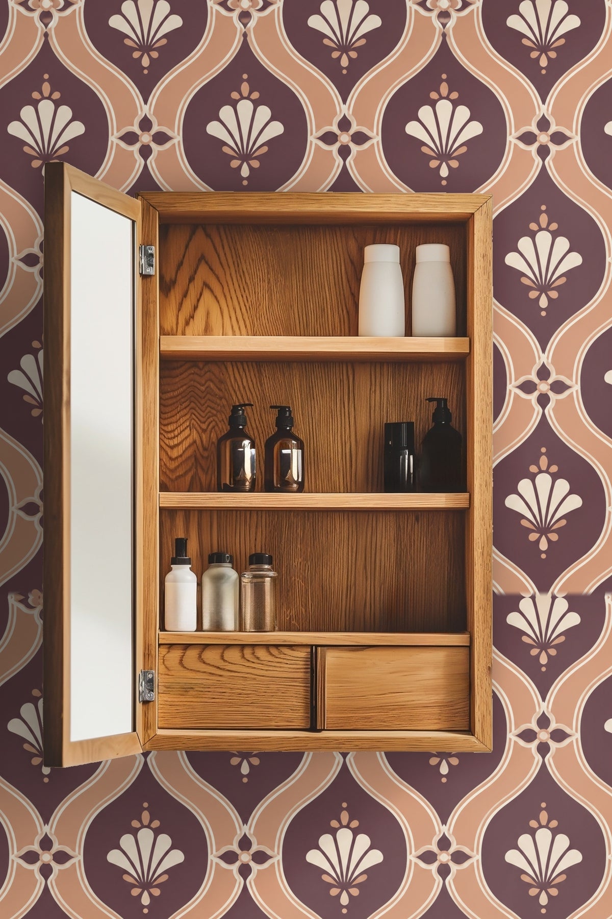 Laundry room with apricot lattice wallpaper above sink and washer/dryer