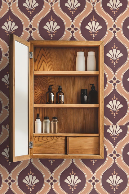 Laundry room with apricot lattice wallpaper above sink and washer/dryer