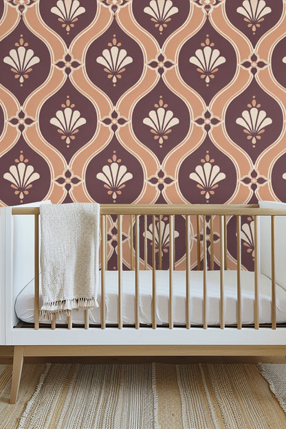 Light-filled laundry room featuring apricot lattice wallpaper and wooden shelves