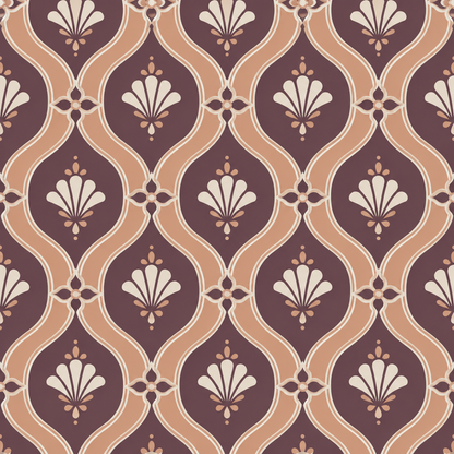 Stylish laundry room with window and apricot lattice motif wallpaper