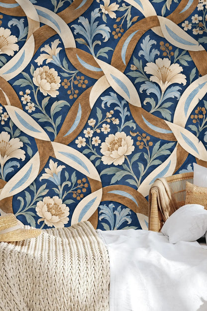 Wall mural with artful floral and lattice pattern in soft cream, tan, and blue hues