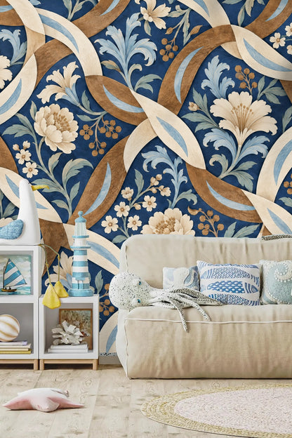 Soft natural light illuminating cobalt wallpaper with floral and woven curvilinear patterns