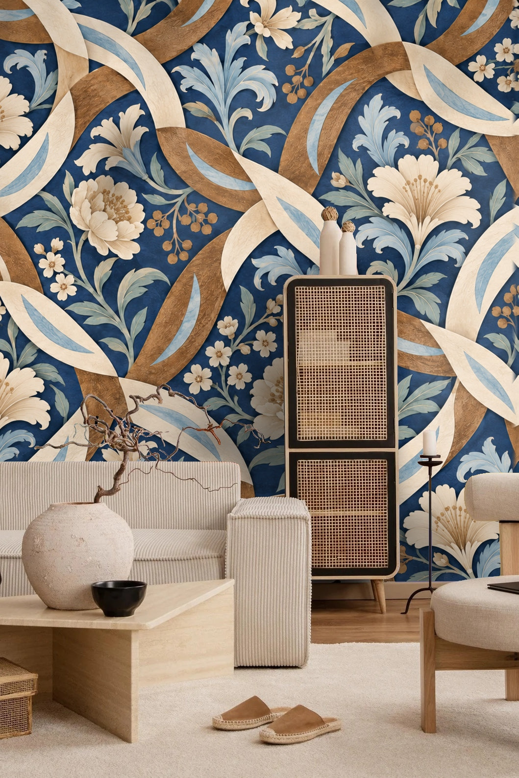 Floral cobalt wallpaper with interlocking curved ribbons and cream blossoms
