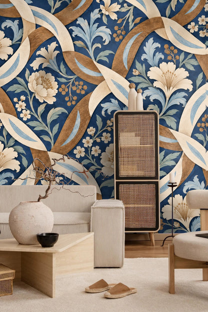 Floral cobalt wallpaper with interlocking curved ribbons and cream blossoms