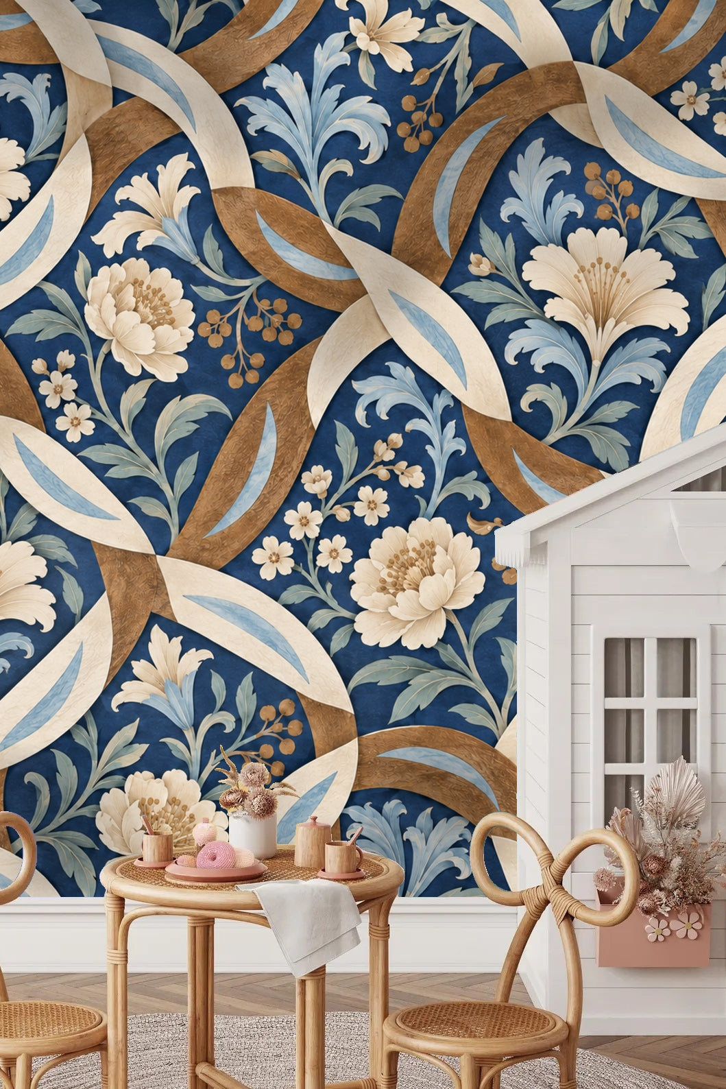Bedroom wall showcasing cobalt botanical wallpaper with interlaced tan and cream ribbons