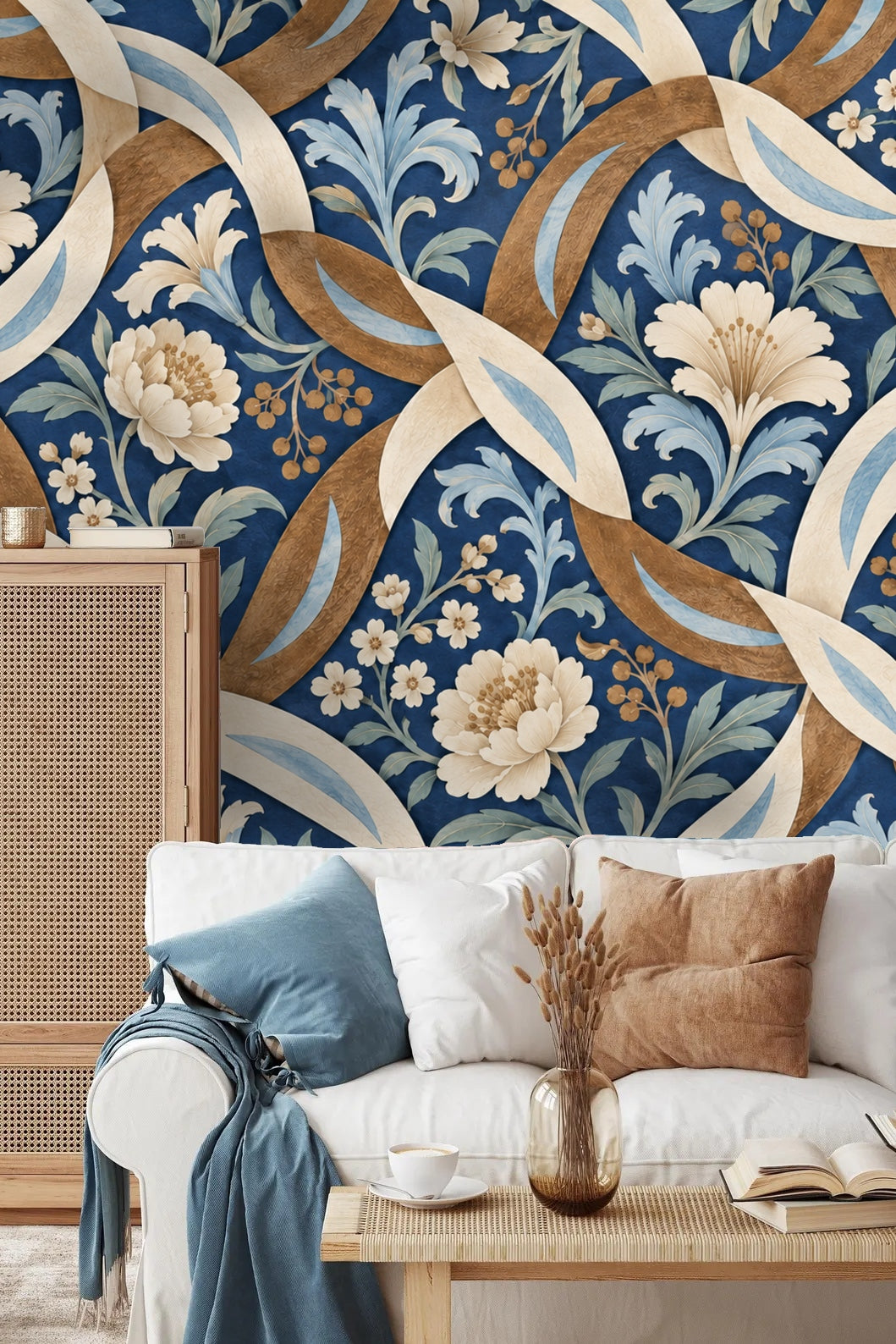 Detailed botanical illustration wallpaper with layered floral and vine elements over rich blue