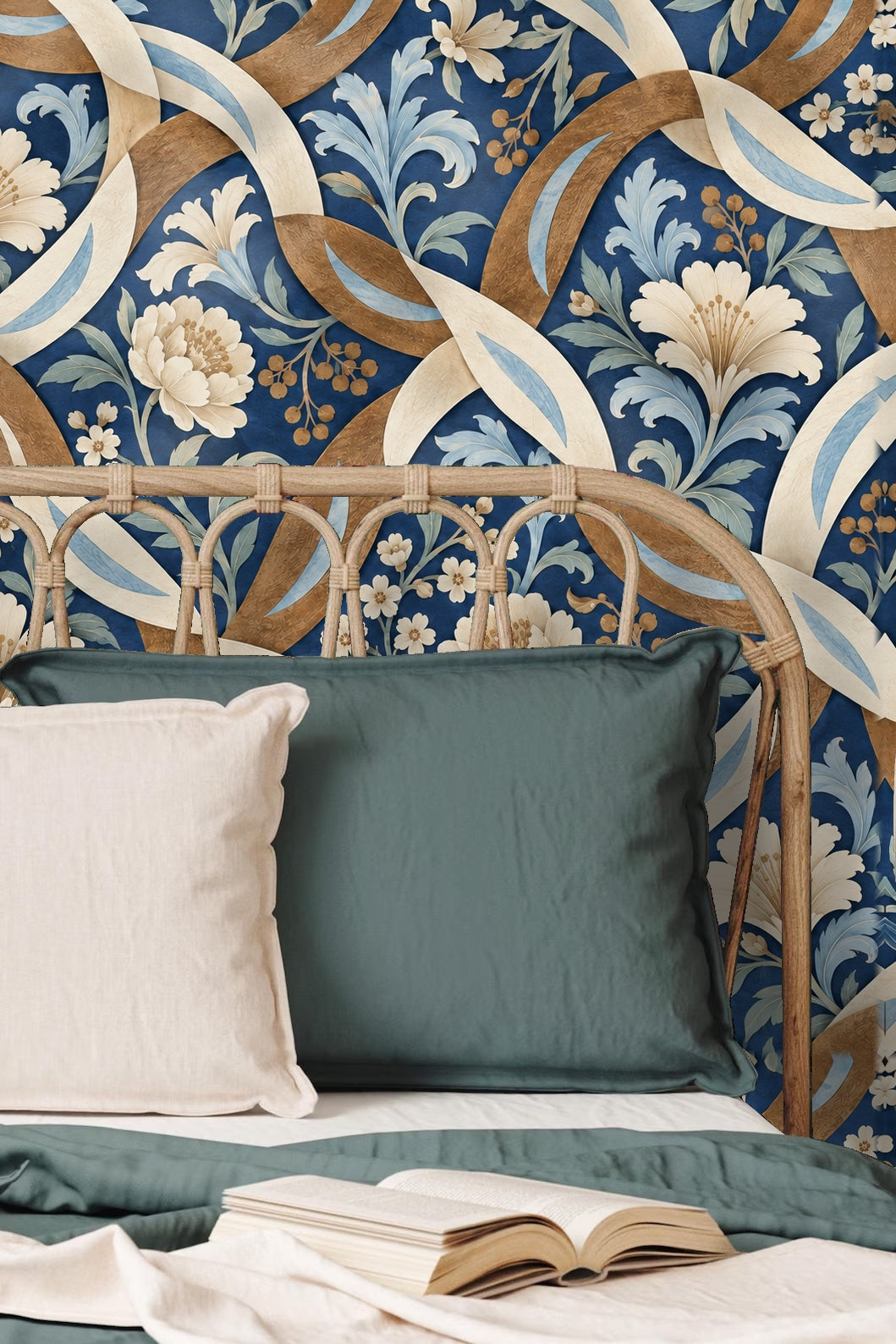 Living room wall covered in cobalt blue wallpaper with flowing floral and lattice patterns