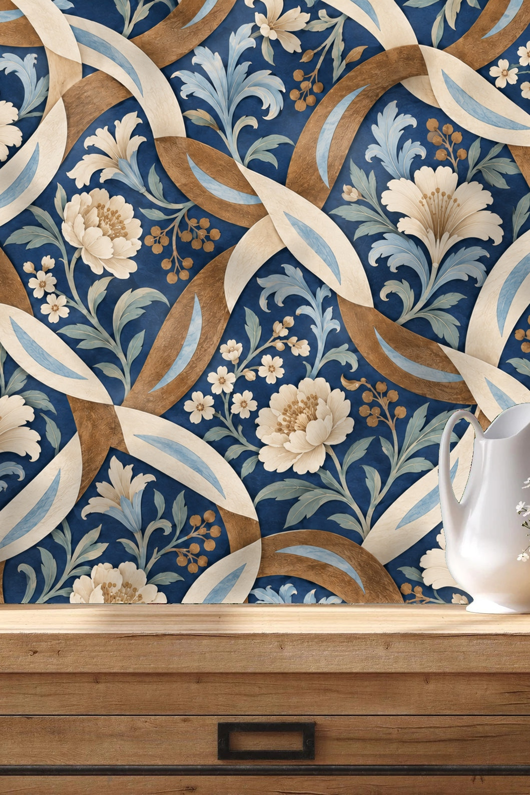 Close-up of cream and blue floral motifs woven through curved lattice on deep blue background
