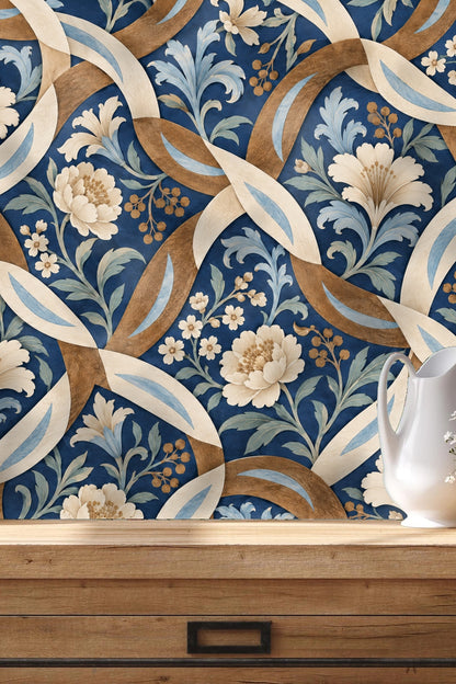Close-up of cream and blue floral motifs woven through curved lattice on deep blue background