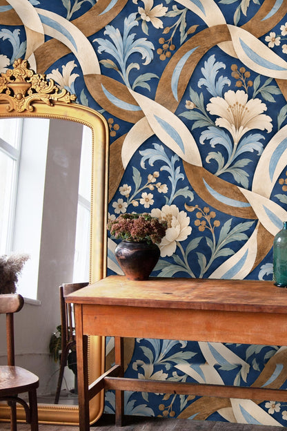 Elegant botanical wallpaper featuring cream blossoms and light blue leaves on a dark blue field