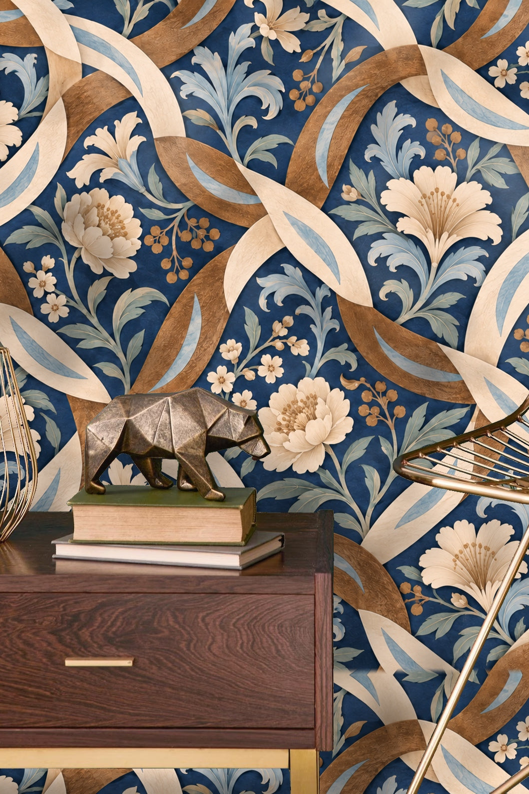Textured curved bands in tan and cream weaving around beige flowers on cobalt blue wallpaper