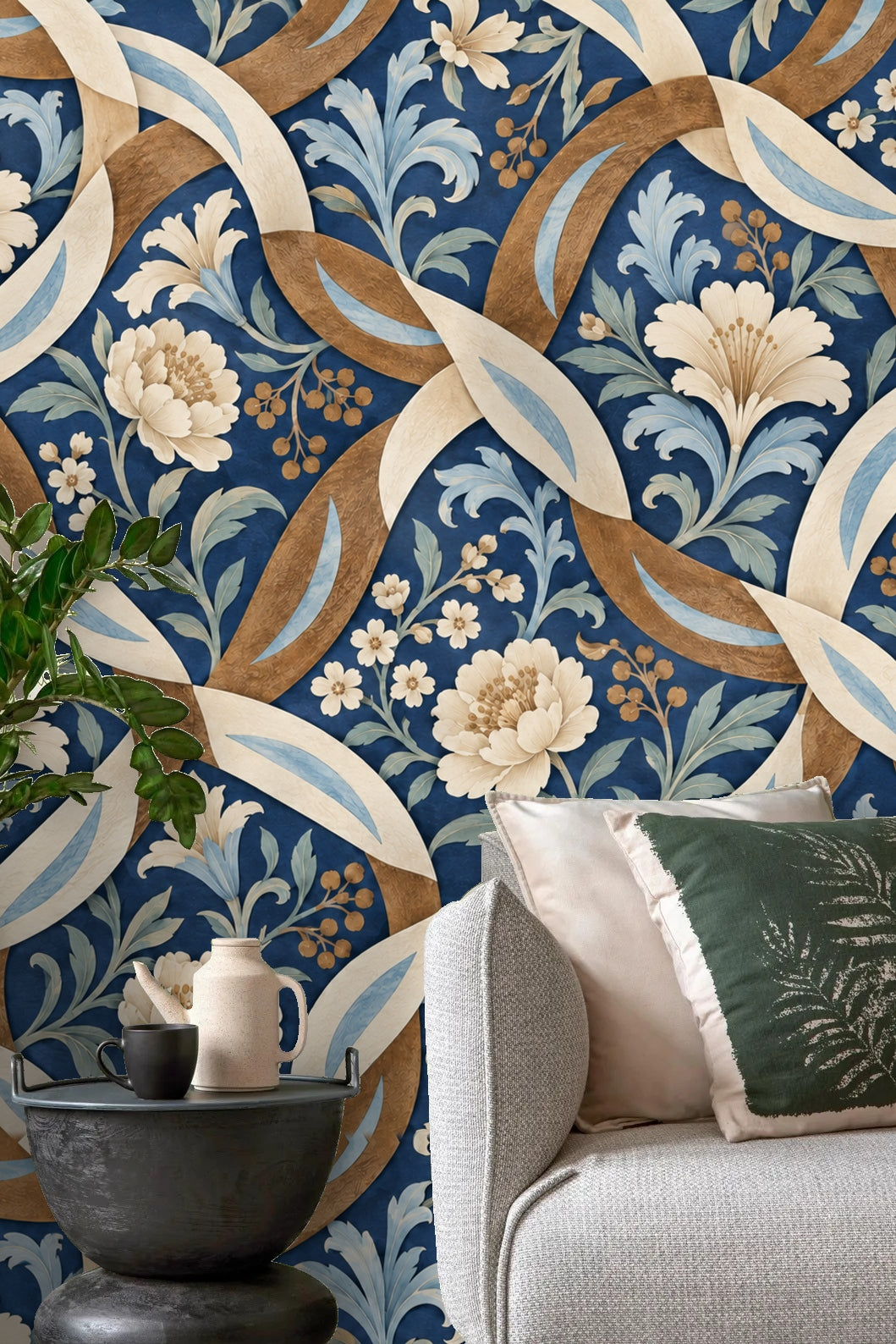 Cozy bedroom scene with navy blue floral wallpaper and simple bedding