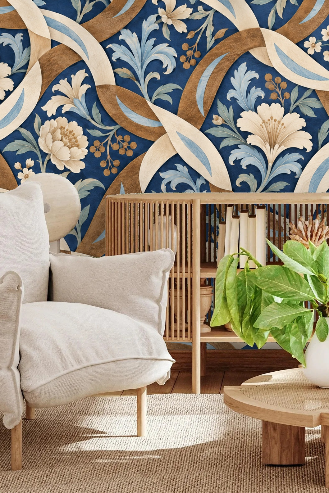 Artistic wallpaper combining vintage floral aesthetics and modern pattern overlays