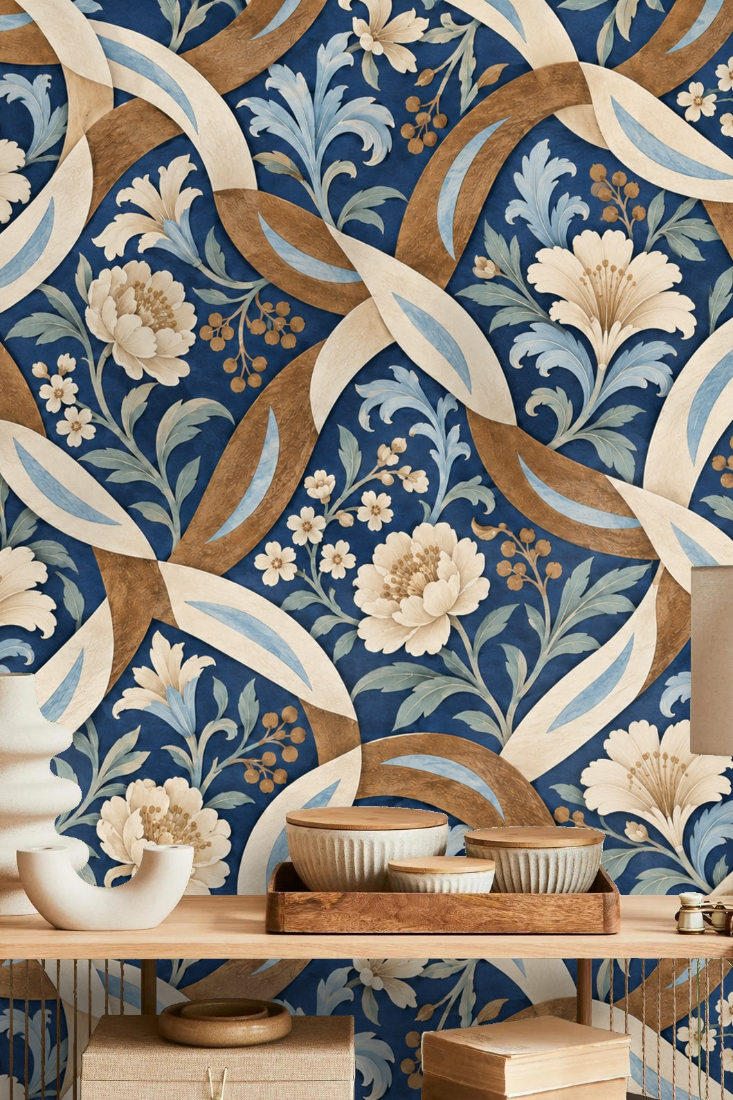 Wallpaper mural in a living room with cobalt background and soft cream flowers intertwined with ribbons