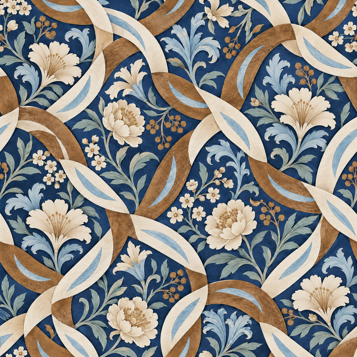 Sophisticated wallpaper design featuring botanical blooms and interlaced curved ribbons