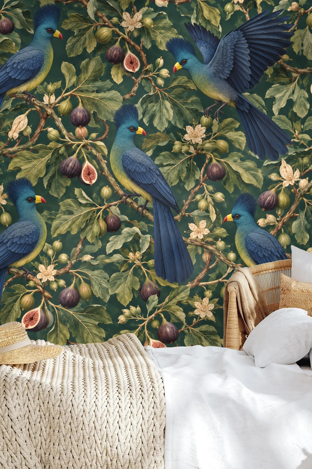 Overall room view showing the scale of the wallpaper pattern in a cozy reading nook with wooden surface and décor.