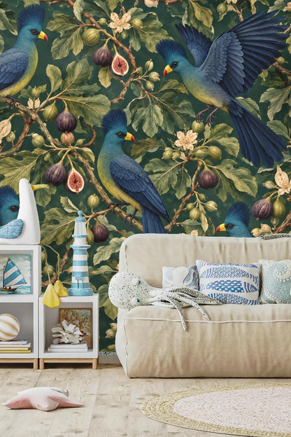 Detailed view of a perched Turaco bird with visible claws gripping the fig branch on wallpaper.