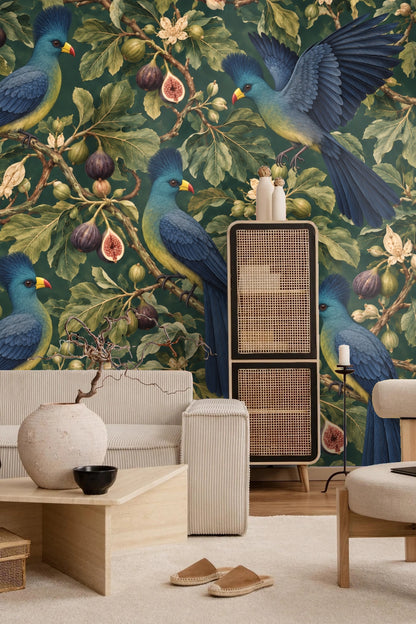 Muted green and blue color palette detail emphasizing feather texture and subtle leaf veining on wallpaper.