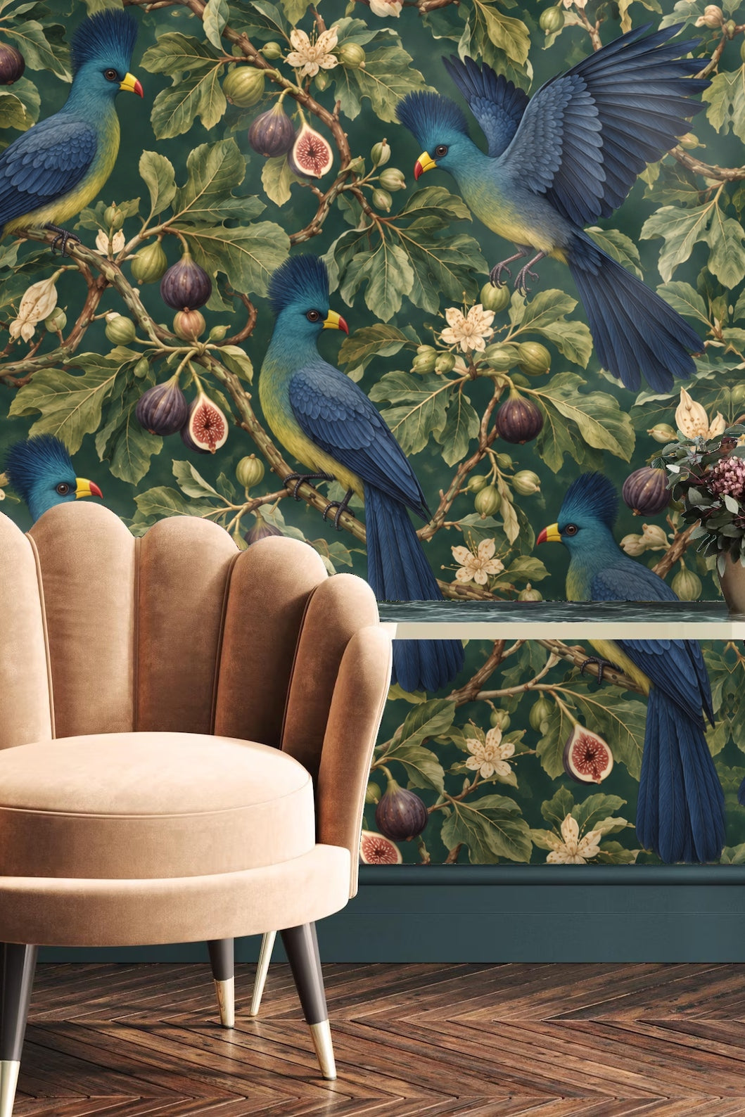 Children's playroom with white playhouse furniture against the Turaco fig flourish wallpaper with birds and figs pattern.