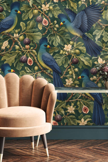 Children's playroom with white playhouse furniture against the Turaco fig flourish wallpaper with birds and figs pattern.