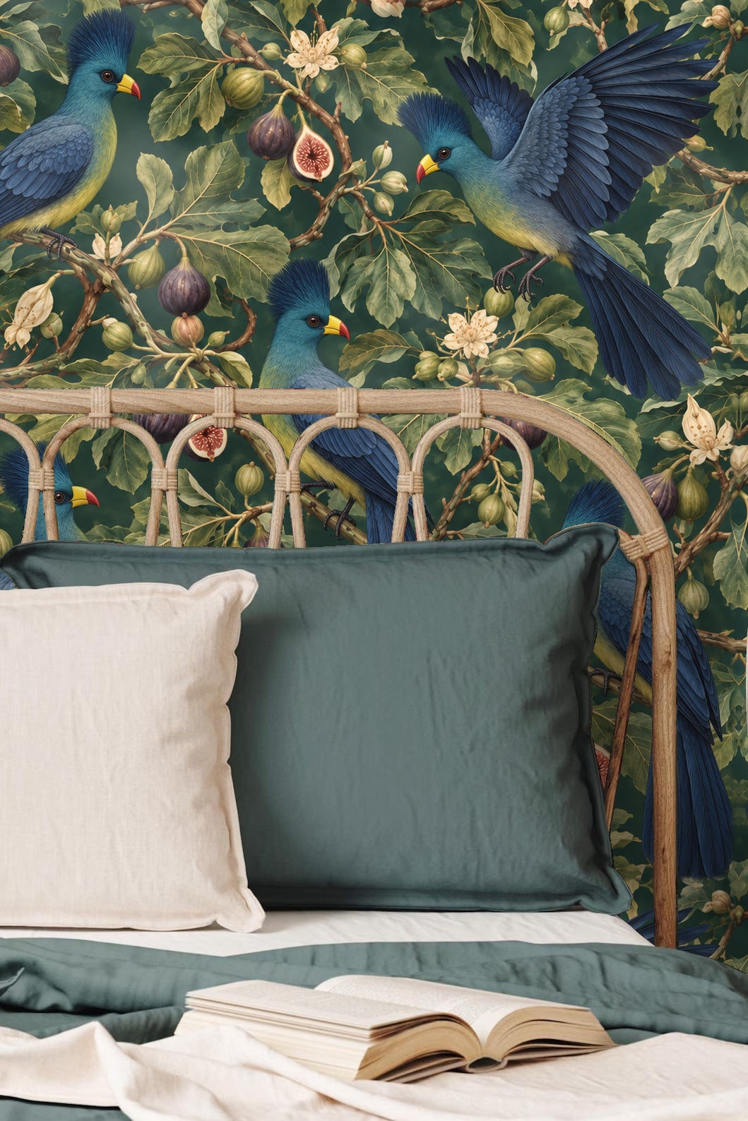 Low angle view of a wallpapered wall behind a wooden sideboard with a brass geometric bear sculpture and deep green fig leaf wallpaper.