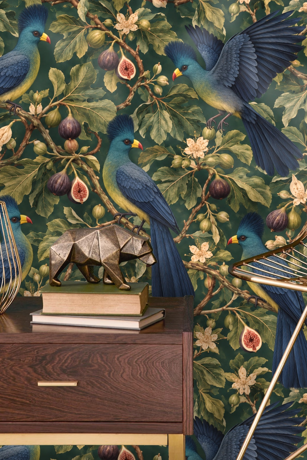 Wallpaper artwork featuring detailed blue Turaco birds perched on fig tree branches with leaves and figs on a deep green background.