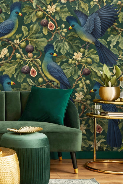 Pattern repeat showing crossing fig branches, fig fruits, and resting Turacos on the wallpaper.