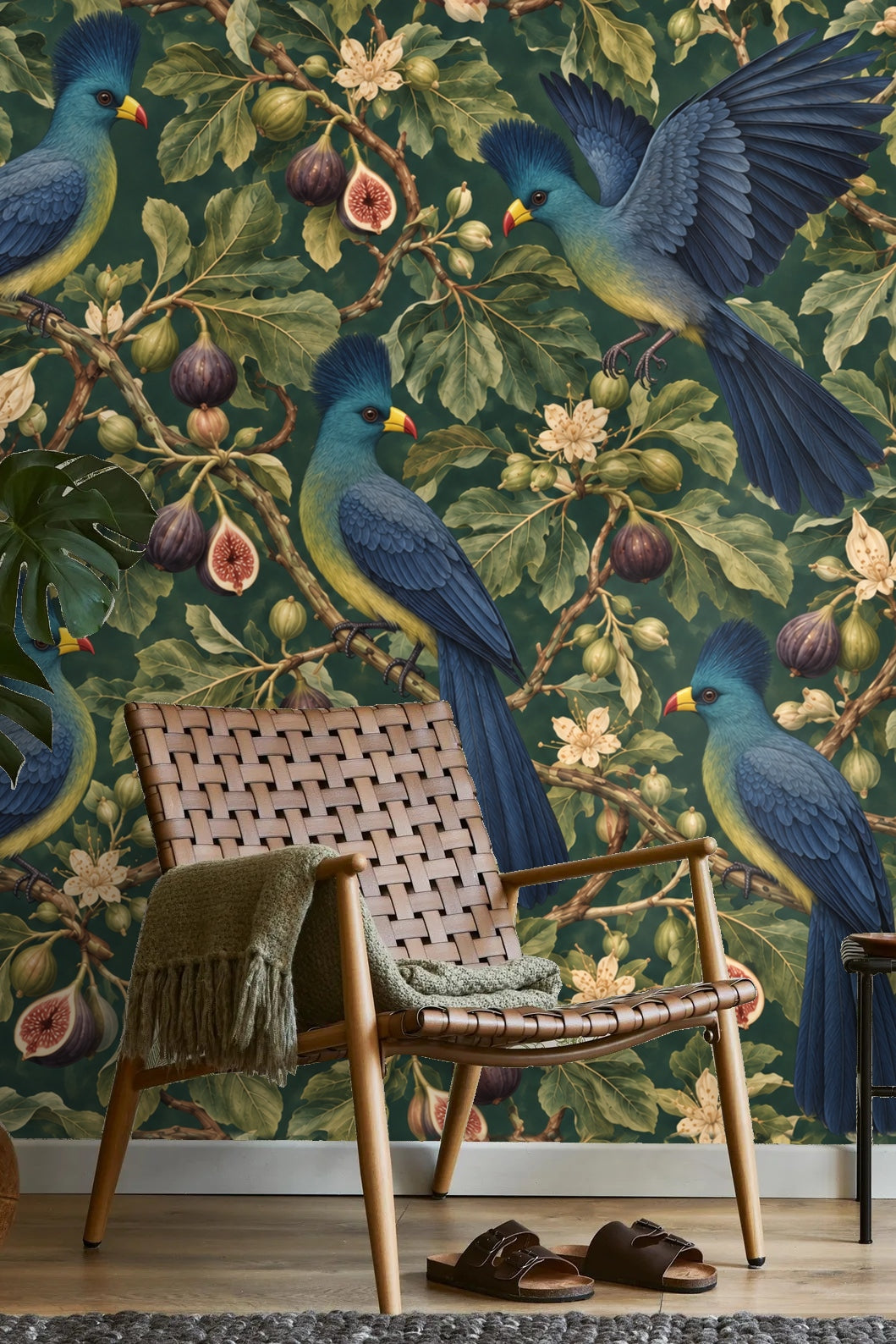 Artistic rendering of the fig tree leaves detailed with bird nest-like clusters of blue crest birds.
