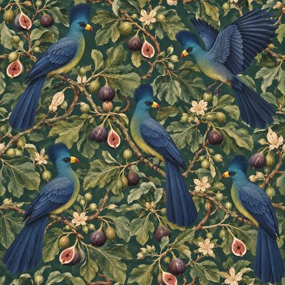 Layered wallpaper visual illustrating cross-section of pattern scale and motif density with Turaco birds and figs.