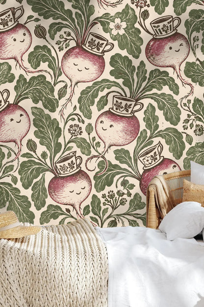 Children's playroom featuring airy light, simple furniture, and wallpaper of smiling turnips topped with floral teacups among green leafy fr