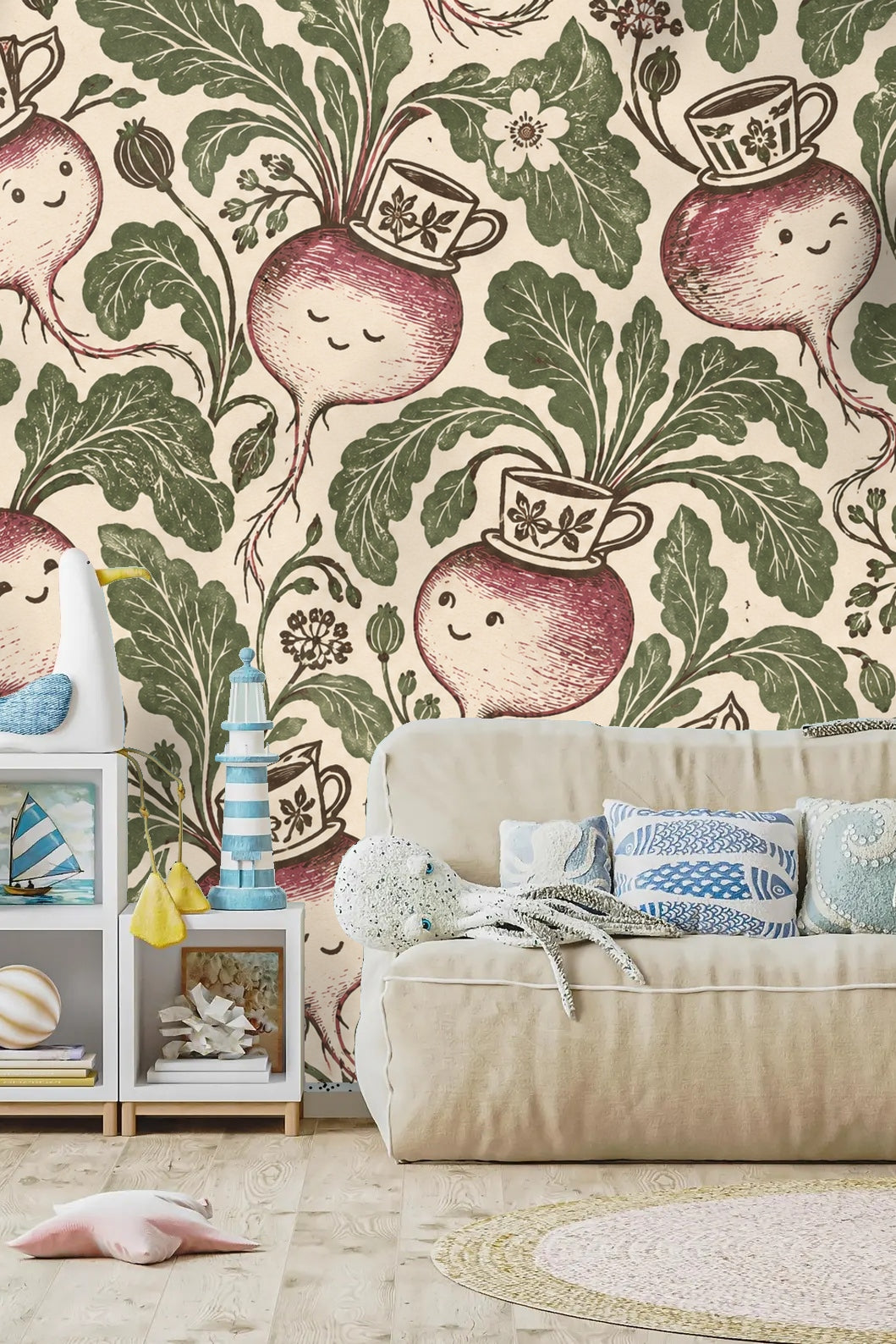 Green vegetable leaves frame happy root vegetables adorned with teacups in wallpaper pattern.