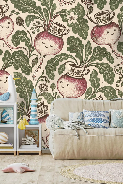 Green vegetable leaves frame happy root vegetables adorned with teacups in wallpaper pattern.