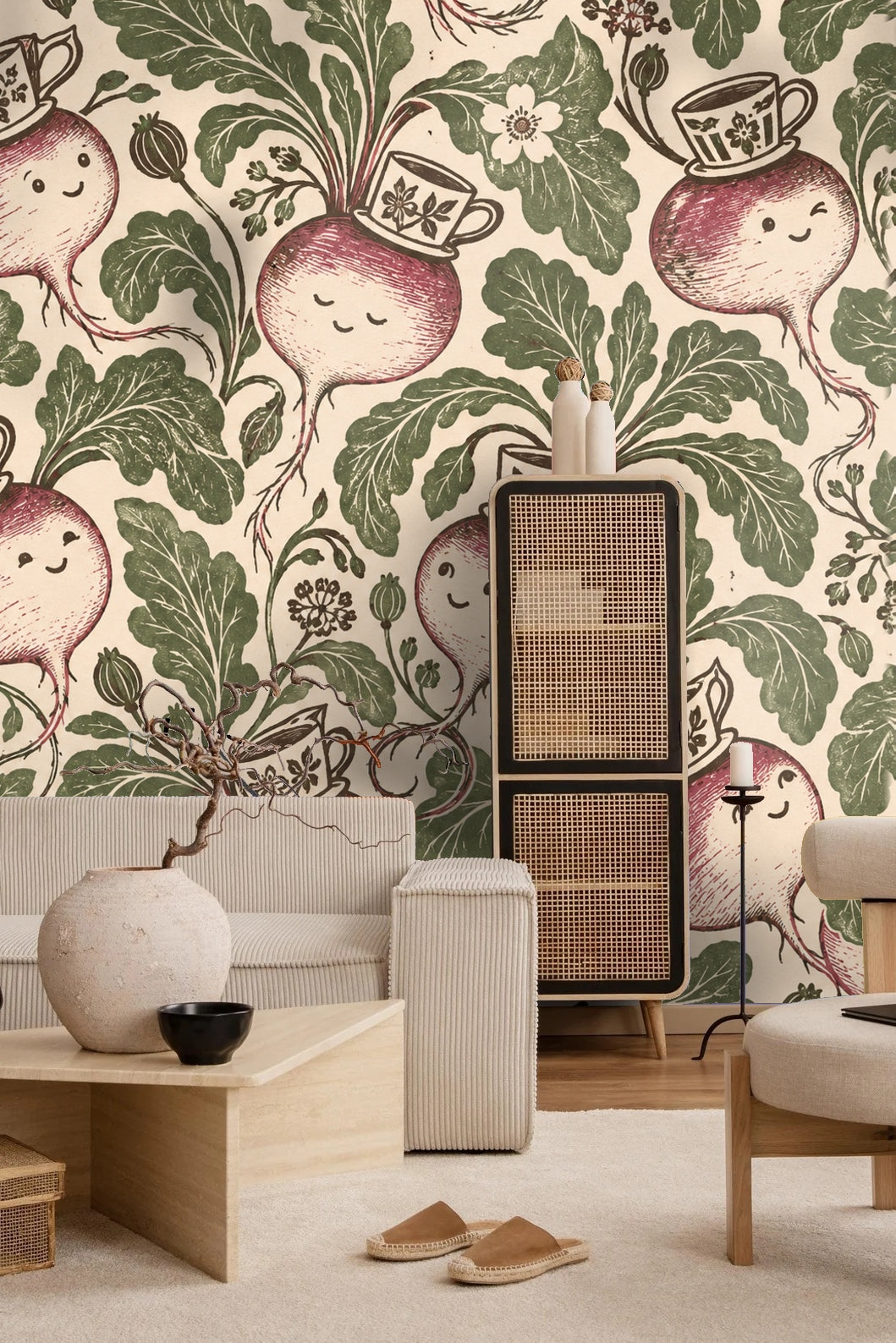 Botanical elements and playful root characters combine in wallpaper artwork detail.