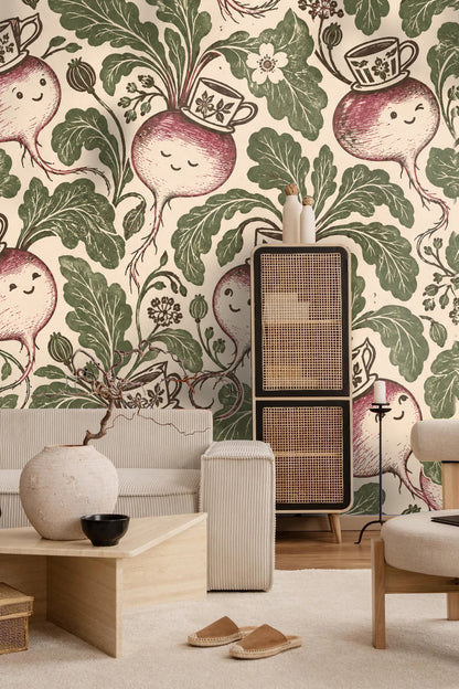 Botanical elements and playful root characters combine in wallpaper artwork detail.