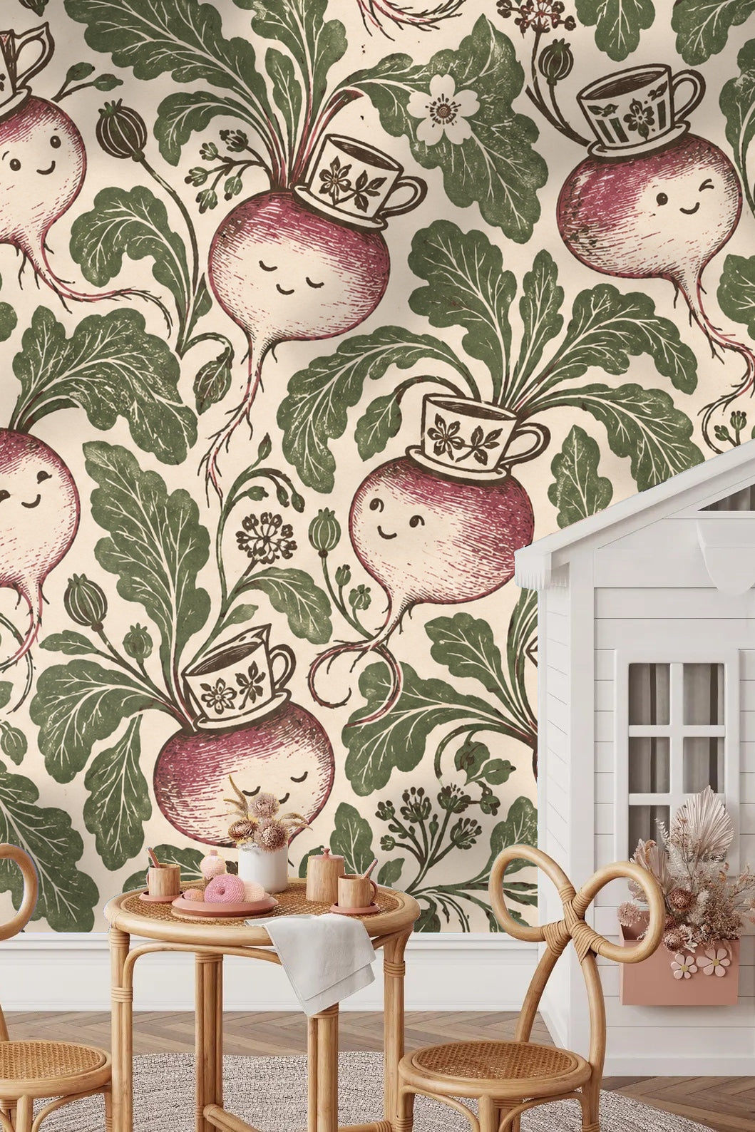 Cozy botanical reading corner with light armchair and wooden shelving against playful turnip and teacup wallpaper.