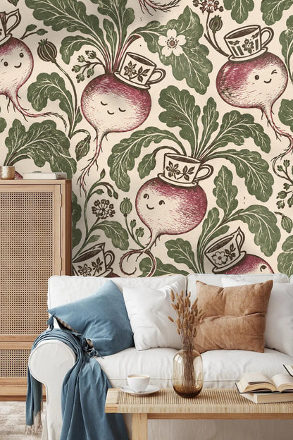 Vintage lined etching style wallpaper with harmonious repeat of garden turnips and teacups.