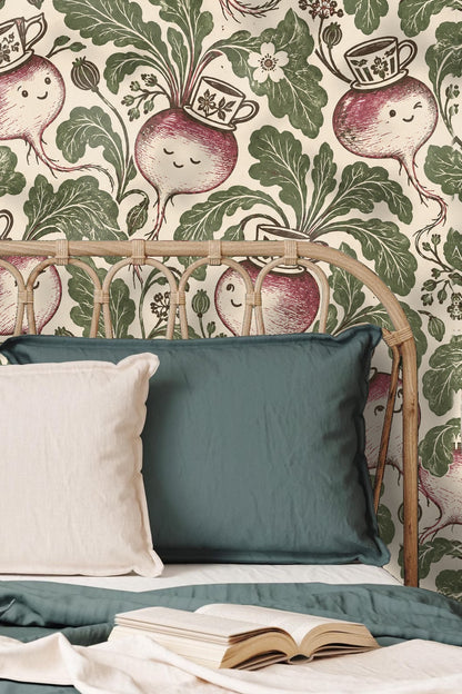 Playful character faces on turnip bulbs with teacup hats bring whimsy to wallpaper design.