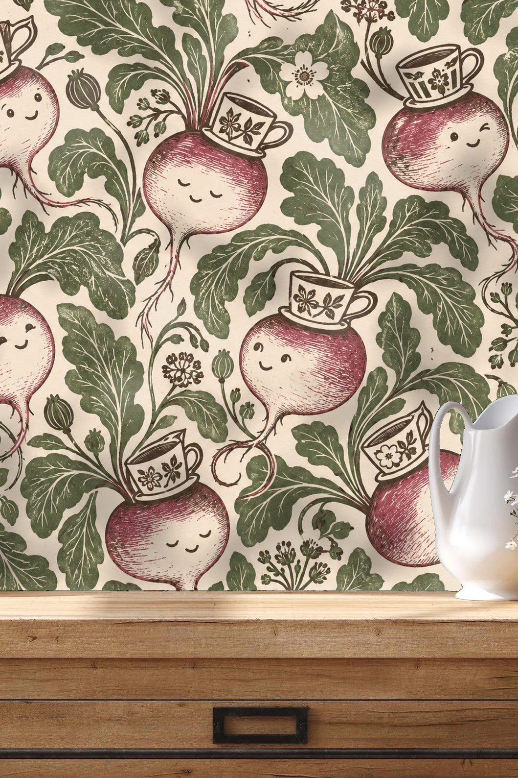 Turnip and teacup wallpaper in children's playroom with miniature house and small wicker furniture.