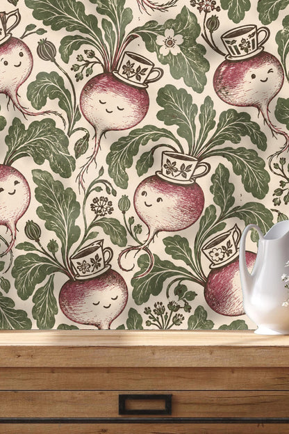 Turnip and teacup wallpaper in children's playroom with miniature house and small wicker furniture.